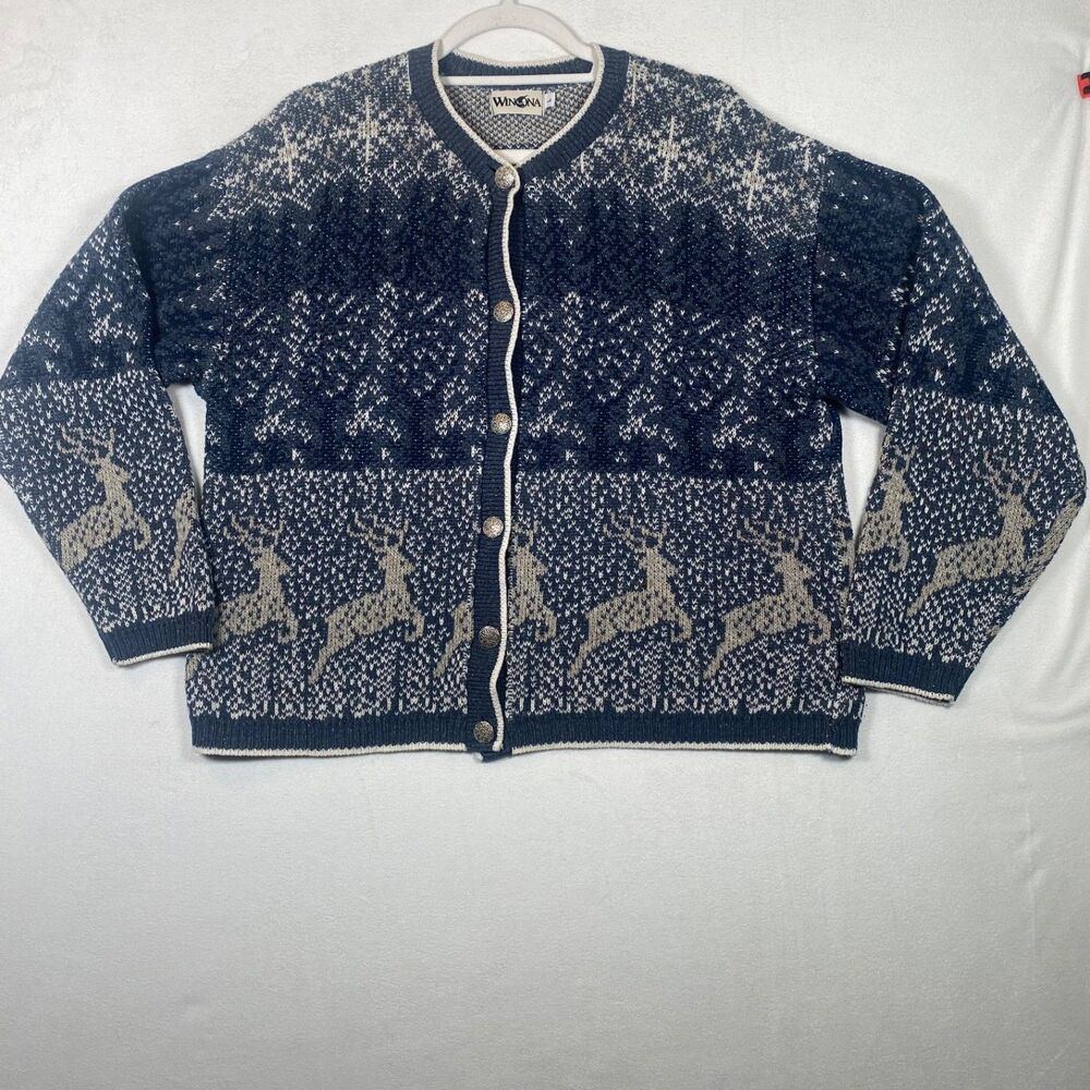 Vintage Winona Fair Isle Cardigan Sweater Womens L Nordic Reindeer Cotton Knit